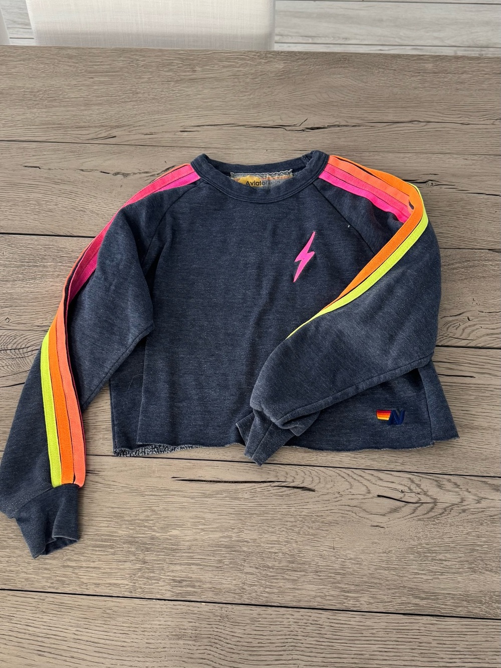 Aviator Nation Kids Navy Crewneck Sweatshirt with Neon Stripe Details
